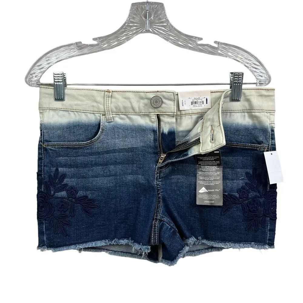 SO Girls Jean Shorts Shortie Dip Dye Floral Embroidered Raw Hem Mid Rise Sz 16*